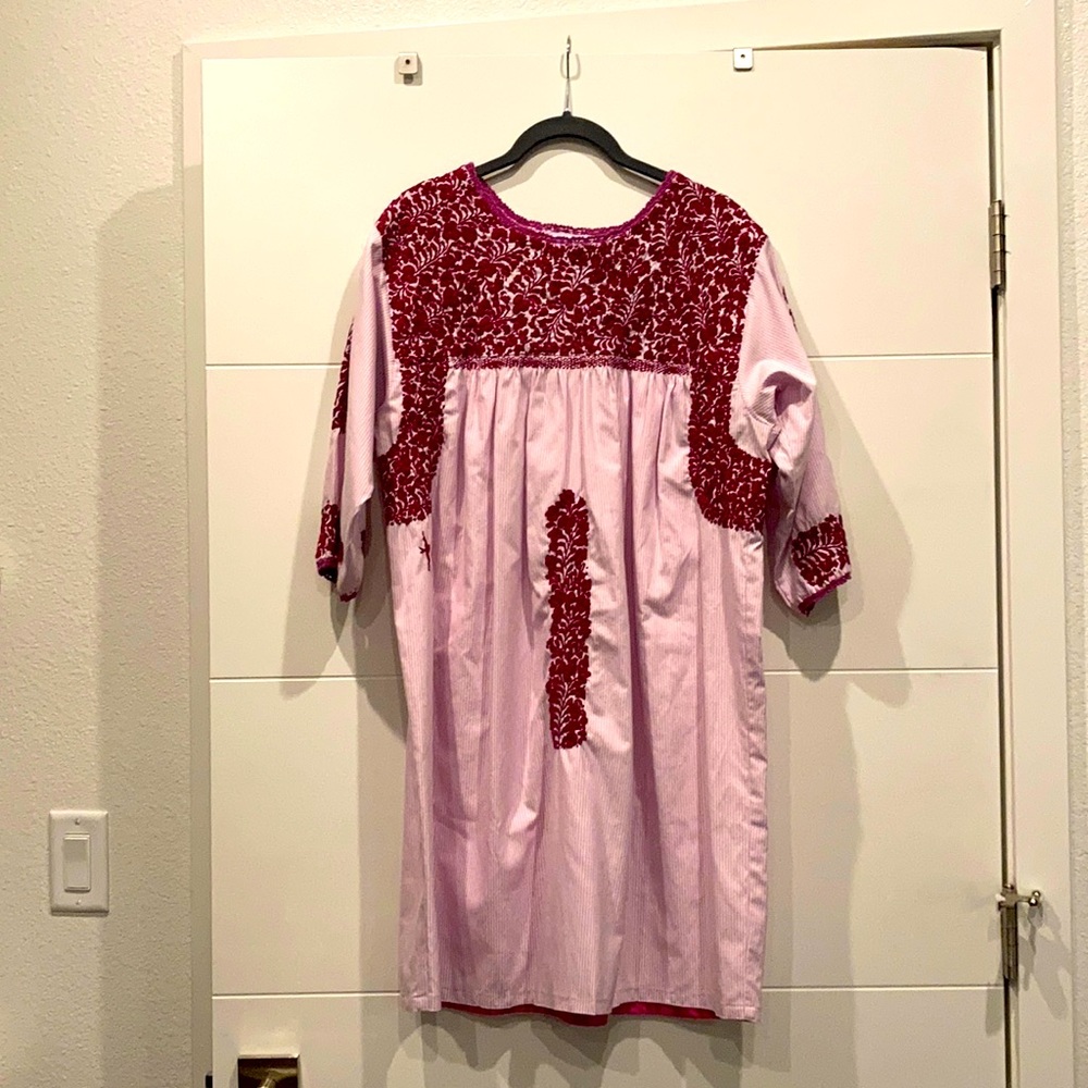 RARE S Mi Golondrina 3/4 length sleeve shirt dress—pink & white stripe, Burgundy